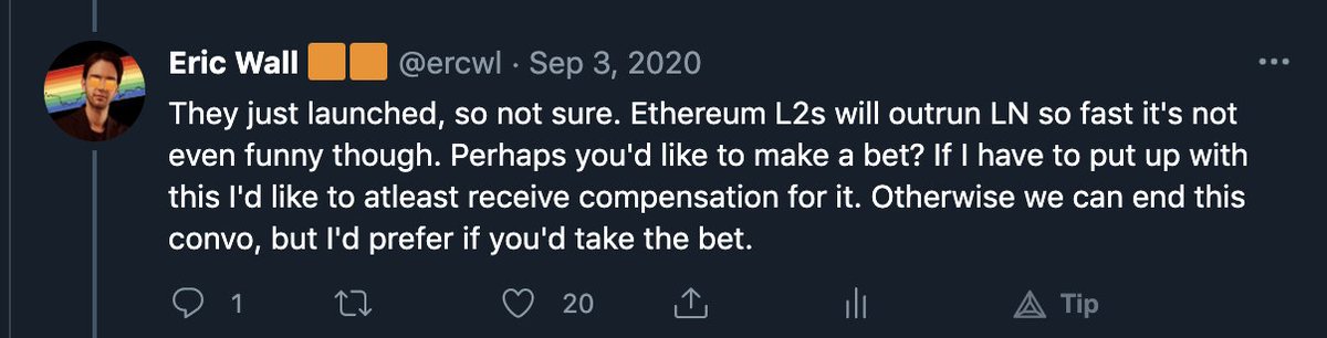 Some background context--Me: "Ethereum L2s will outrun LN so fast it's not even funny."Ryan: "You're imagining L2 solutions that don't exist will succeed much faster than LN has. Why?Giacomo: "Can I pile in on that?"
