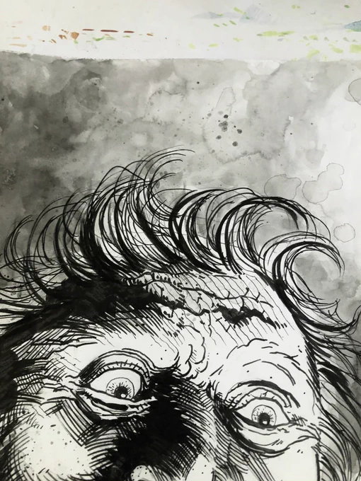 Some black watercolor. Used a brush, toothbrush and my finger. 