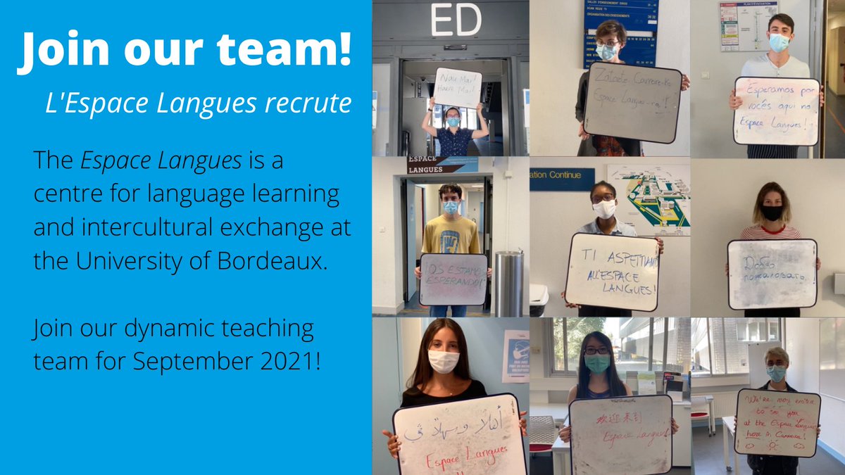 ELanguesUBdx's tweet photo. The Espace Langues, Collège Sciences de l’Homme, has 3 vacancies for English language lecteurs for September 2021. To find out more about the profile and apply, visit the University of Bordeaux's website:

https://t.co/3om5mspFRZ

@univbordeaux_EN @SH_UBx @enlightstudent1 https://t.co/5lyQVv6Fpk