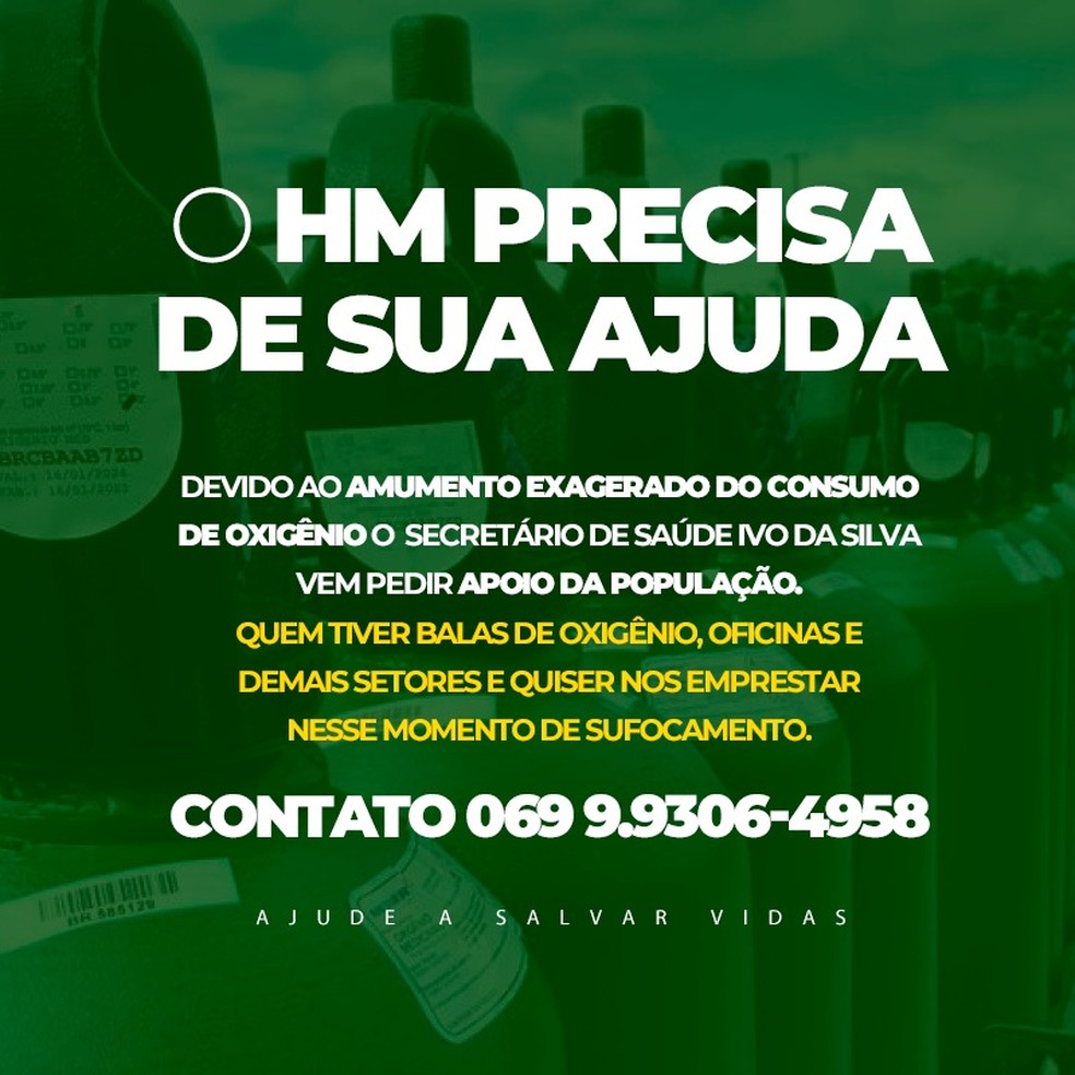 _ORondoniense's tweet photo. A Prefeitura de Ji-Paraná, por meio da Secretaria Municipal de Saúde (Semusa), faz um apelo à população para o empréstimo ou doação de balas de oxigênio (cilindros vazios) para uso no Hospital Municipal Dr.  #Destaques

https://t.co/kVXeAYLQxW https://t.co/CNRHk9rklf