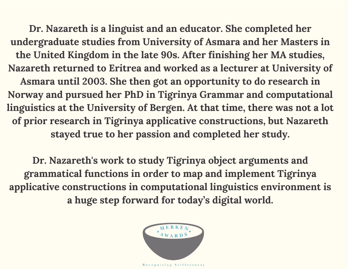 MerkenAwards's tweet photo. The #MerkenAwards - Spotlight for Professionals and Scholars goes out to Dr. Nazareth Amlesom for using her profession and expertise in Tigrinya language to the betterment of Eritrean communities.
#SundaySpotlight #Eritrea #WeAreComingHome #Yiakl https://t.co/UY8WVV2vum
