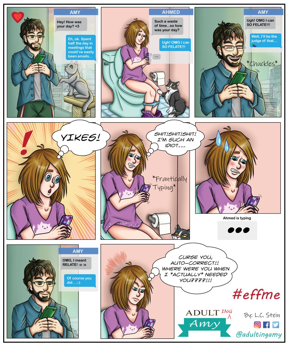 AdultingAmy's tweet photo. NEW COMIC! Auto-correct is a fare-whether friend :p. Based on something that nearly happened to me. Do you have any embarrassing auto-correct stories? Please retweet or comment below :)
#webcomic #textingfails #autocorrect #sundaycomic #effme https://t.co/KE1kLcCyC7
