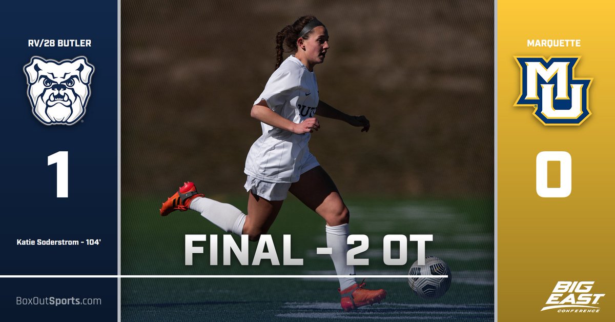 ButleruWSoccer's tweet photo. Katie Soderstrom scores the game-winning goal at Marquette in double-overtime!

#GoDawgs | #BIGEASTwsoc https://t.co/vapBb3MNUo
