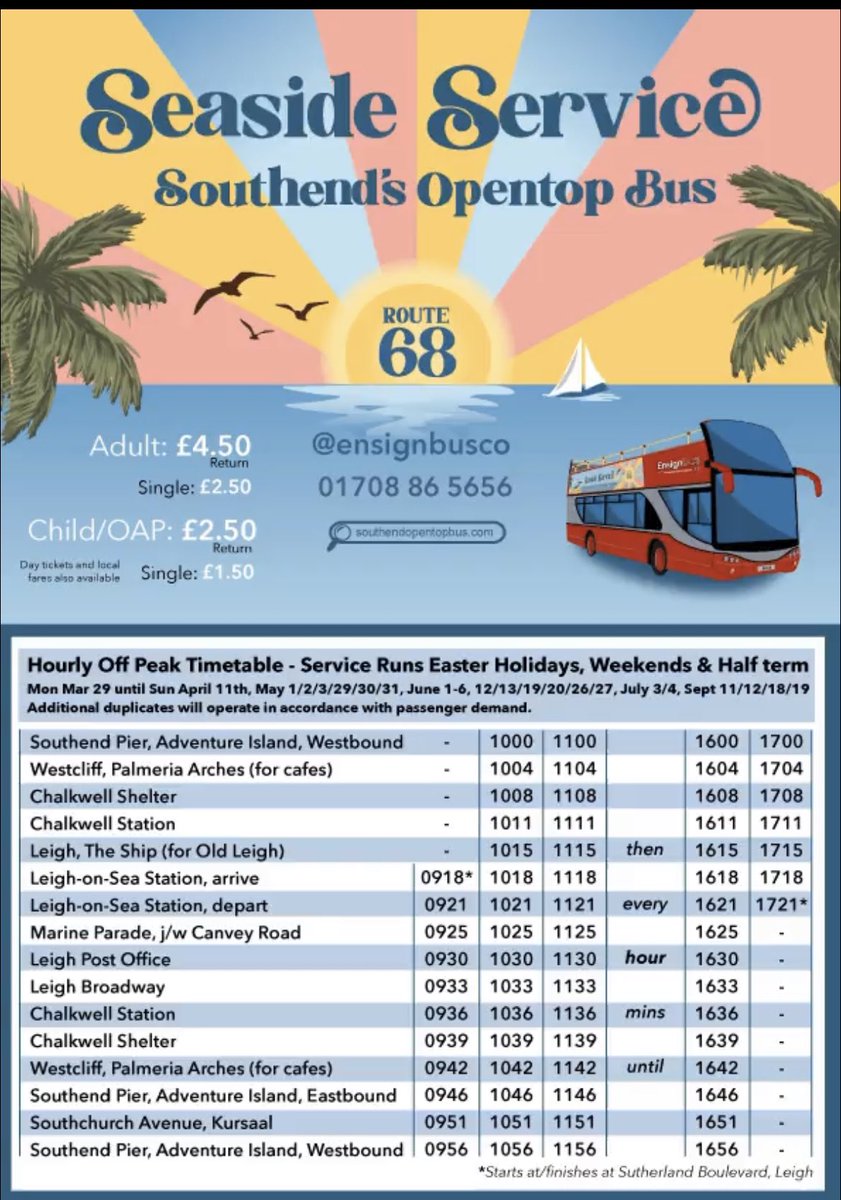 EnsignBusCo's tweet photo. Our Southend open top service 68 starts TOMORROW! Woohoo! 🎉. We look forward to seeing everyone up until 11th April (when there is a short break until May). Full info at https://t.co/hVNpXjdb2H
#seasideservice #southend #southendonsea #leighonsea #opentopbus #opentopbustour https://t.co/CGVGCGNPfd