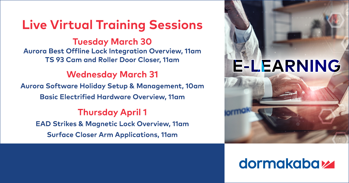 dormakabaAMER's tweet image. Want to learn the basics of electrified hardware or the best applications for surface closer arms? 

Register for any of our free virtual training sessions this week: dk.world/2QoS1ha

#accesssolutions #virturallearning #elearning #keyscanaurora #doorhardware