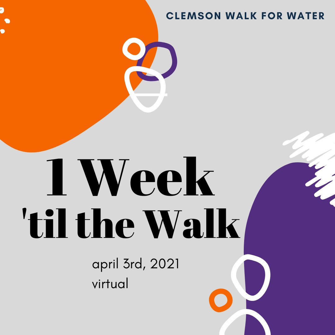 ClemsonWalk4H2O's tweet photo. 1 Week Until the Walk for Water - Come Walk with Us! - https://t.co/wywCwrVat2 https://t.co/Ay62nyhOaJ