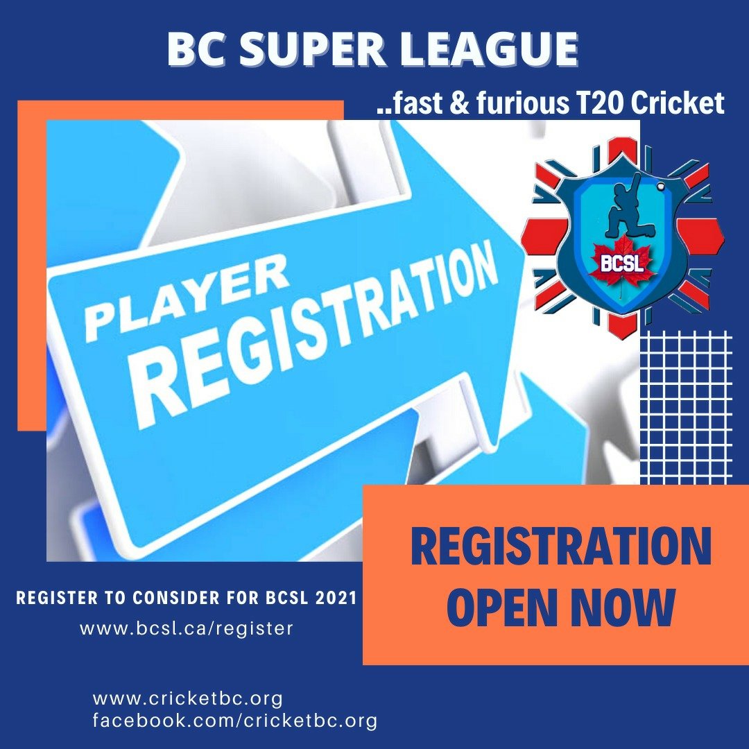 CricketBC_org's tweet photo. BCSL Player Registration is open now. Visit https://t.co/jdUcbohvOh to register yourself to play for BC Super League 2021 https://t.co/E3HSK1xAqb