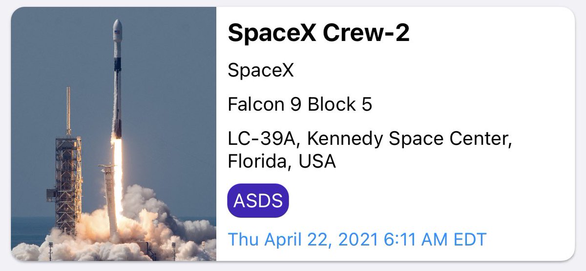 An update on the SpaceX Crew-2  Mission. Lift off is currently targeting 6:11 AM EDT on April 22. Docking will then be performed 25 hours later at 7:05 AM EDT On April 23. Info provided by nextspaceflight https://t.co/X3D32241Bl