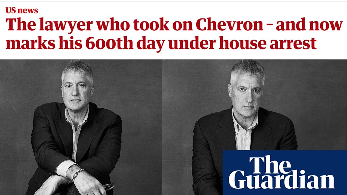 SDonziger's tweet image. The Guardian just published an article on my "Kafkaesque" house arrest in America after beating Chevron in court. Now 600 days without trial.

@NYTimes: Silent
@MSNBC: Silent
@CNN: Silent
@ABC: Silent
@CBS: Silent

Read: theguardian.com/us-news/2021/m…