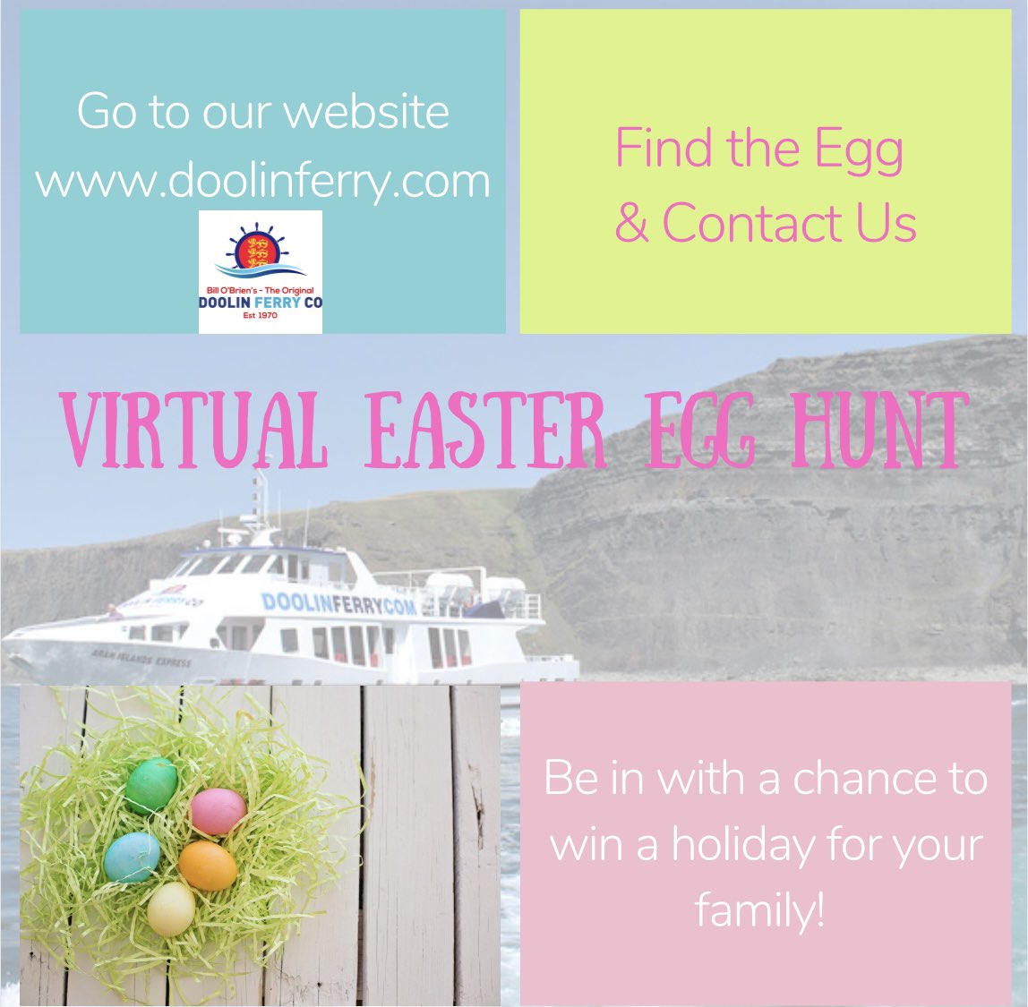 🐰 𝙑𝙄𝙍𝙏𝙐𝘼𝙇 𝙀𝘼𝙎𝙏𝙀𝙍 𝙀𝙂𝙂 𝙃𝙐𝙉𝙏🐰
We have hidden an Easter Egg somewhere on our website. doolinferry.com
We are picking 𝙏𝙃𝙍𝙀𝙀 lucky families to travel to any Aran Island of choice AND a box of the famous Man of Aran Fudge - details below ⬇️