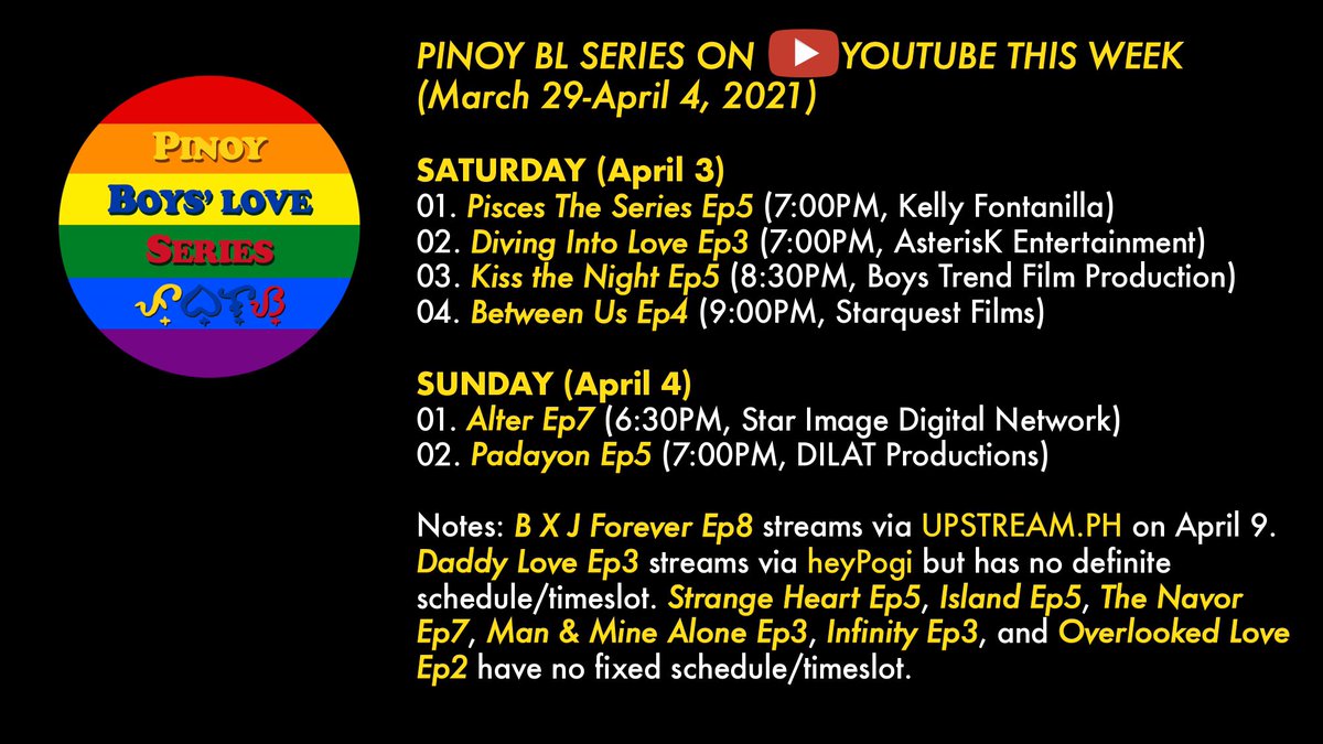 PinoyBLSeries's tweet photo. Pinoy BL Series this week (Mar 29-Apr 4) 🇵🇭🏳️🌈👍🏼
#HeartBreakMountain & #CutTheSeries will have their premiere this week 🇵🇭🏳️🌈👍🏼 #StrangersKiss & #MeetMyAngel will have their finale this week 🇵🇭🏳️🌈👍🏼 https://t.co/iqGvToAkPl