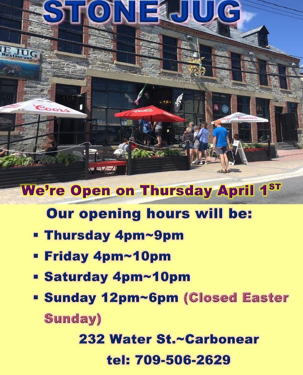 stonejug1860's tweet photo. Stone Jug in Carbonear will open on Thursday April 1st @ 4pm https://t.co/zqyyO8RIHz