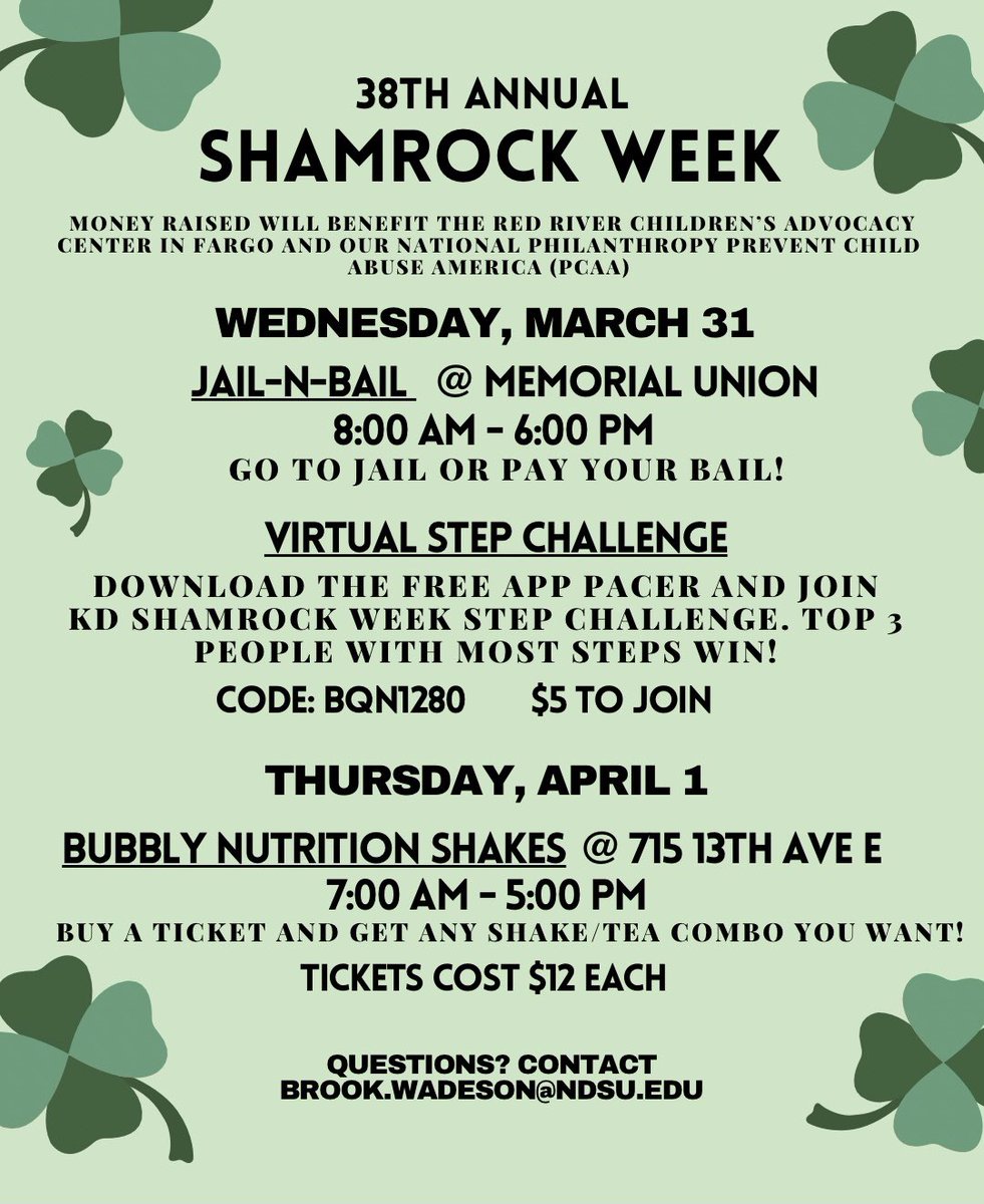 MARK YOUR CALENDARS! 🍀 Tomorrow is the start of Shamrock Week! 

☘️ Kappa Delta will be hosting events from March 29 - April 1 to raise money for the prevention of child abuse. 

We hope to see you at our events and thank you in advance for your support!