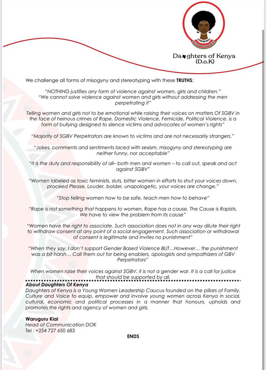 We are fully behind and we support this statement by our National office of Daughters of Kenya on the ongoing conversation about #EndGBVCulture in Kenya.