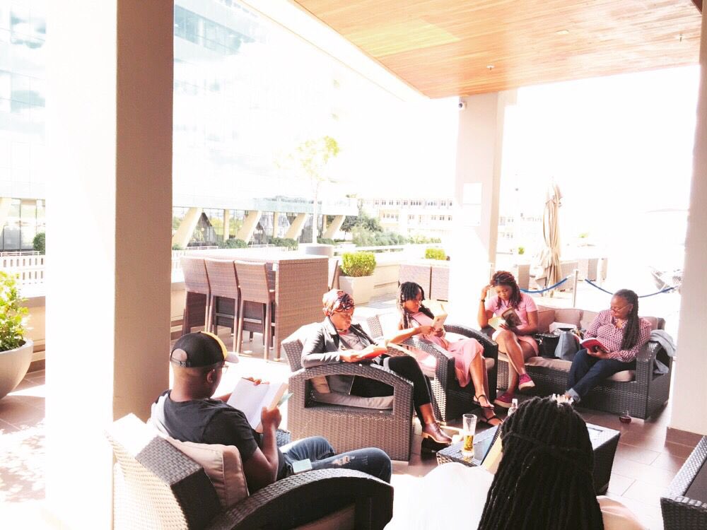 wynaB's tweet photo. After the rough week I had work wiseππΎββοΈππΎββοΈ , all I needed was just to read and exhale this weekend. Thanks @MsNicci_ for curating intimate reading spaces, with my bookish sisters @PhumiJoelle @matlhoma #ReadingDates #BookishWeekEnd #InkDrinkers #BookLovers https://t.co/Lyymf2ILrh
