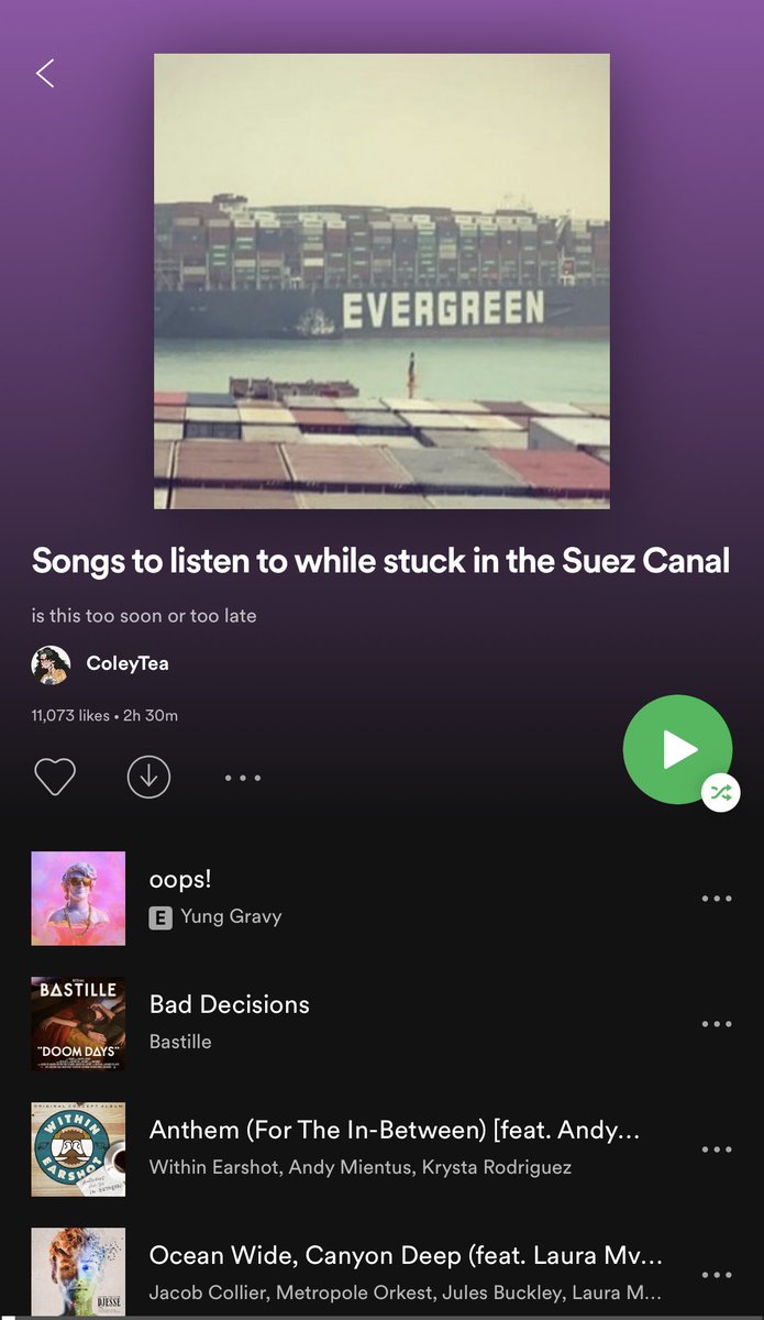AureliaOT7's tweet photo. Someome made a playlist for the #SuezCrisis 😂😂😂😭😂😂😂 https://t.co/HpB5PJ8cja