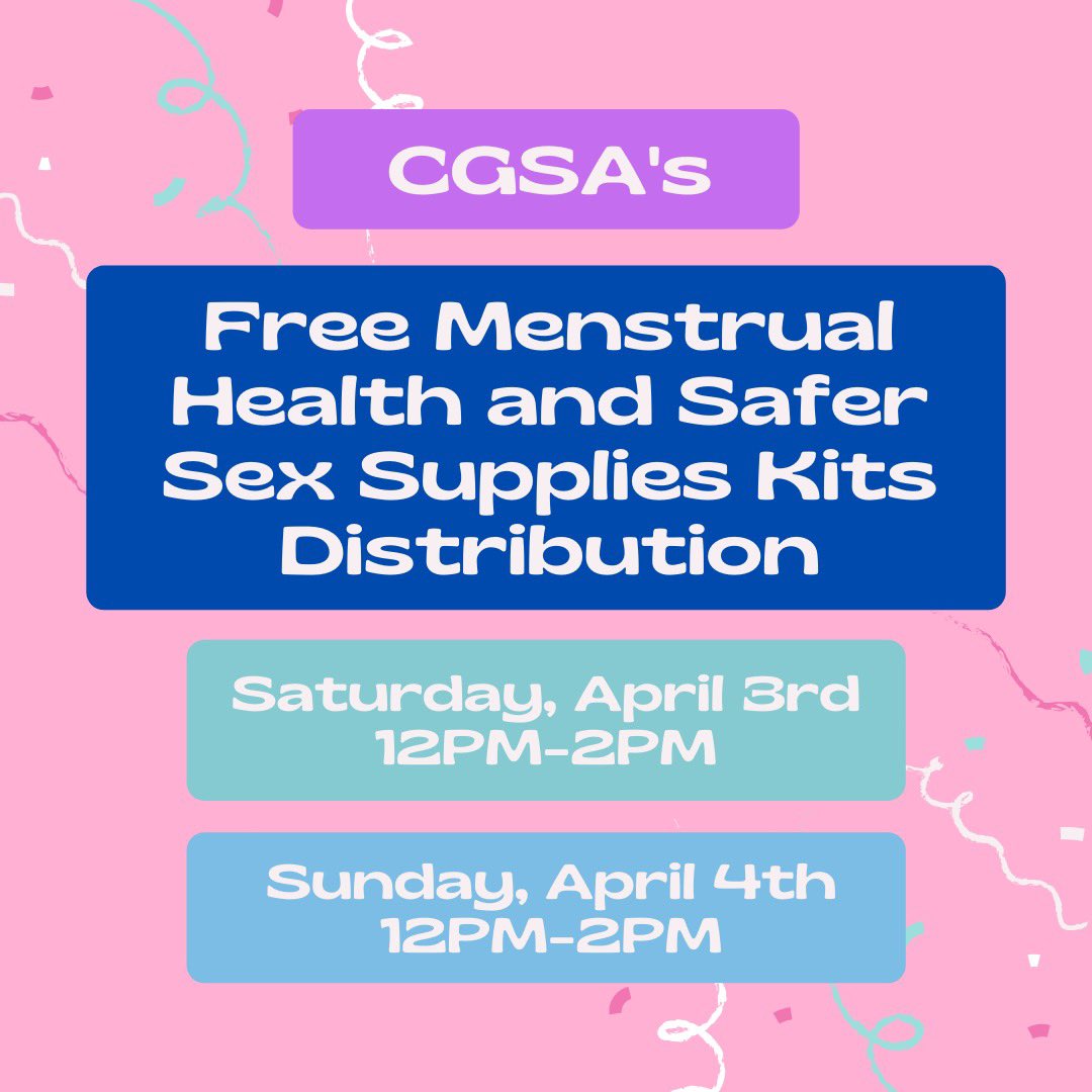 BUCGSA's tweet photo. Hello all! We are once again doing a free Menstruation and Safe Sex supply kit distribution event! Click this link to reserve your place: 
https://t.co/HLGxz2F8ED https://t.co/xOzqLQactV