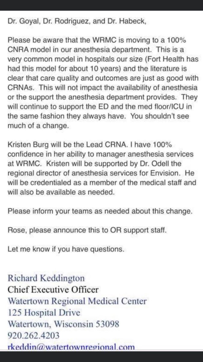 This is not good news for the residents of Watertown, WI. Watertown Regional Medical Center(courtesy of the private equity-backed, contract medical group Envision) removed all of its anesthesiologists for a 100% CRNA model. In a nutshell, they replaced physicians with nurses.