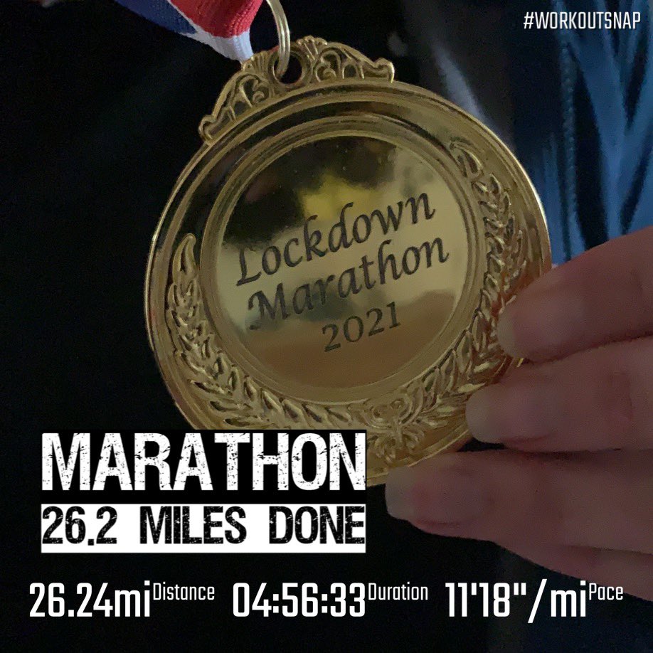 DebCongram's tweet photo. This morning I got up and ran a marathon. My first and maybe last 😂Downside of not being an event was running the distance but with no medal at the end...little did I know the husband had done a bit of prep 😍 #running #marathon #medal #lockdown https://t.co/dQDpi1qH6H