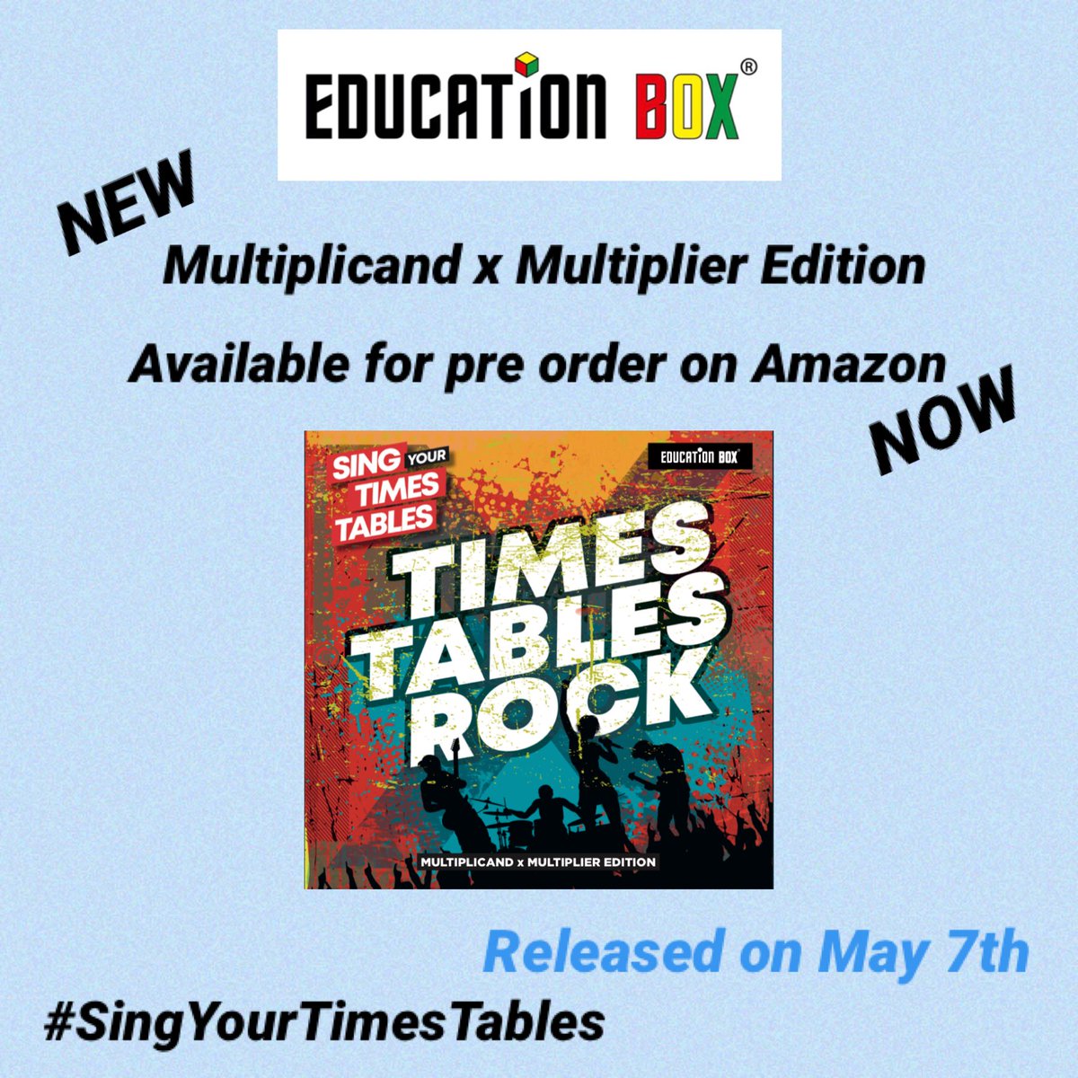 EducationBox's tweet photo. You asked for this so we’ve made it happen! We are SO 🌟 excited 🌟 to announce that our latest album 🎸 ‘Times Tables Rock’ - Multiplicand x Multiplier edition 🎸 is now available for pre-order from Amazon (audio CD or MP3 download). #learningthefunway #MathsIsFun #TimesTables https://t.co/TuDzQXZk99
