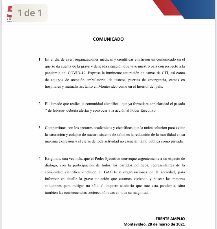 Frente_Amplio's tweet photo. Organizaciones médicas y científicas emitieron un comunicado en el que se da cuenta de la grave y delicada situación que vive nuestro país con respecto a la pandemia del COVID-19. 

Exigimos, una vez más, que el Poder Ejecutivo convoque urgentemente a un espacio de diálogo. https://t.co/zqiFtak2PK