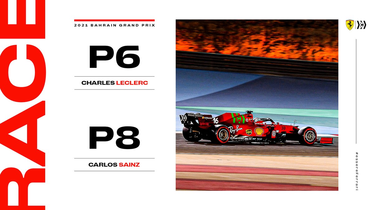 ScuderiaFerrari's tweet photo. 🏁 #BahrainGP 🏁

@Charles_Leclerc ➡️ P6 
@CarlosSainz55 ➡️ P8

#essereFerrari 🔴 https://t.co/wBGjnc78hC