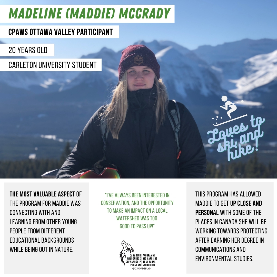 cpaws's tweet photo. We'd like to introduce one of our Canadian Wilderness Stewardship Program participants with @cpaws_ottawa: Maddie McCrady! πππ
Check out her profile graphic to learn about her experience with the program! #CPAWSinAction #YouthInAction https://t.co/EJmH5g7jcz
