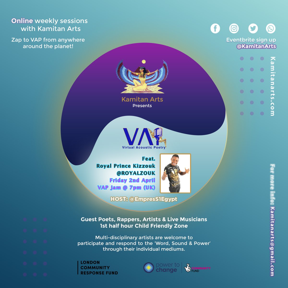 KamitanArts's tweet photo. Online next week! #VAPJam #VirtualAcousticPoetry backed by our eclectic in-house band! Ft. 
@ROYALZOUK from the #Zambia blessing us with his soulful vocals #Singersongwriter #Afrozouk 
Host: @EmpresS1Egypt
Registration: https://t.co/y8qD28AGdA
@peoplesbiz @TNLComFund @afropopww https://t.co/FZZkdm4jrc