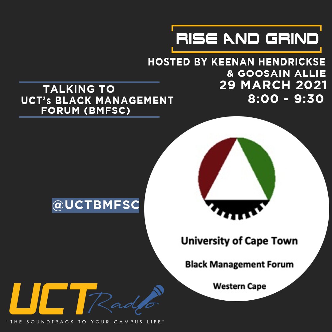 UCTRadio's tweet photo. Tune into the #RiseAndGrind show tomorrow morning between 9:00am and 9:30am to hear what
@uctbmfsc  is all about!

You Don't Want to miss this ✨

Stream it here - https://t.co/q2wzP5FAjr

#UCTRadio #DestinationUCT #UCTBMFSC https://t.co/sEkU74oi6P