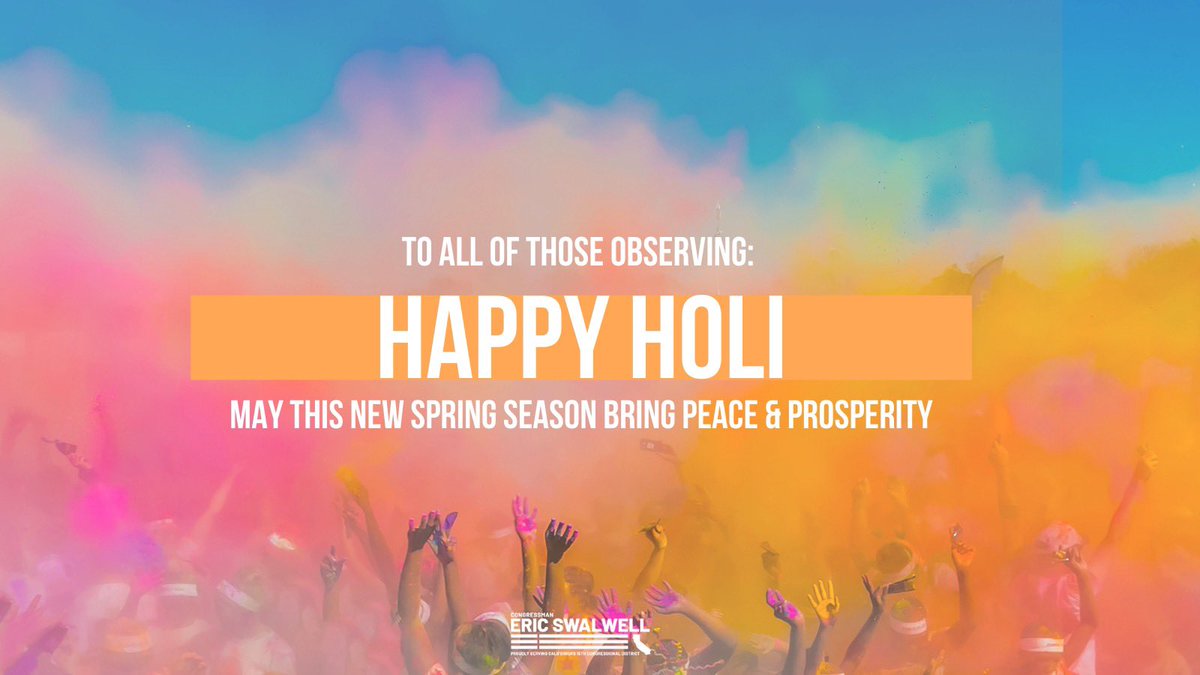 RepSwalwell's tweet image. Wishing a bright and happy #Holi to all of those celebrating in CA-15, across the country, and around the world! May the beginning of this new spring season bring peace and prosperity to all.