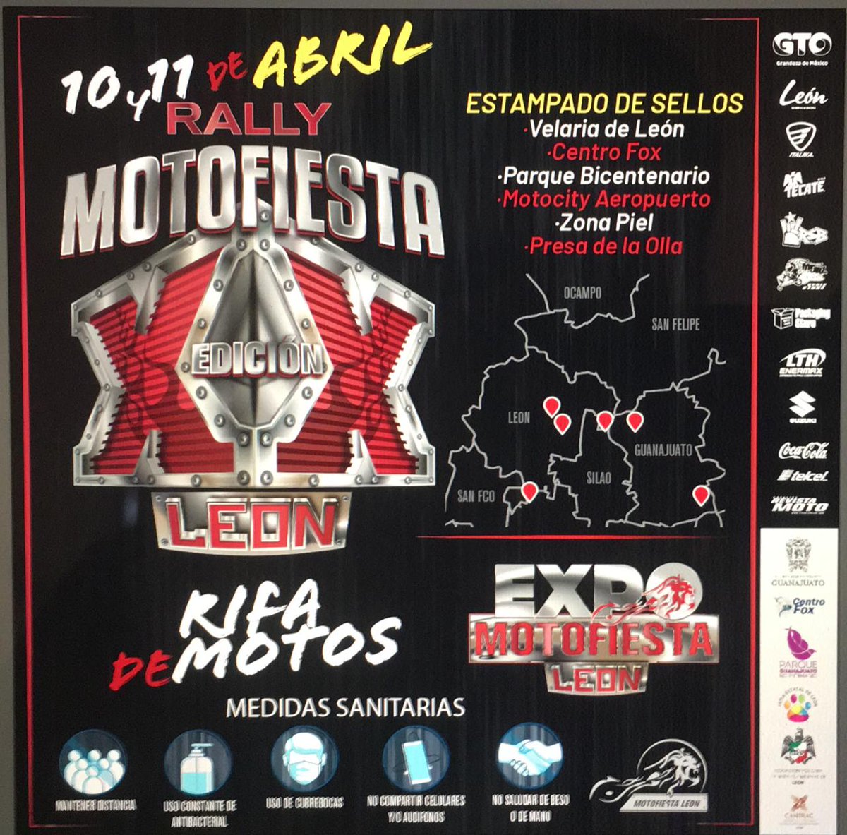 Devido a la contingencia de esta pandemia covid 19, Motofiesta Leon se transforma en Rally Motofiesta Leon, que se realizara en 6 lugares sedes y con aforos limitados, SIN CONCIERTOS y siguiendo todos los protocolos de salud de esta nueva normalidad.
