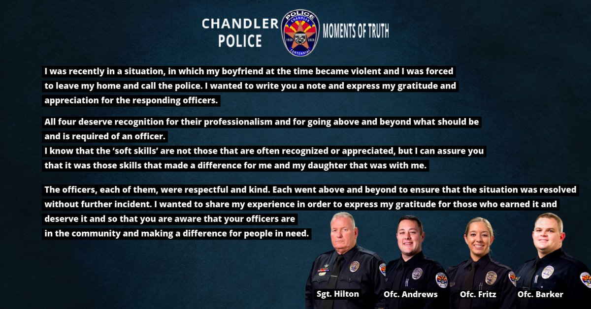 ChandlerPolice's tweet photo. Moments of Truth in policing is a philosophy that considers each police contact as an opportunity to reduce &amp; prevent crime by earning the respect, trust, &amp; support of the community—this week, Sgt. Hilton, Ofc Andrews, Ofc Fritz &amp; Ofc Barkers are featured!
#ChandlerAZ #ChandlerPD https://t.co/nqxIcgpPyD