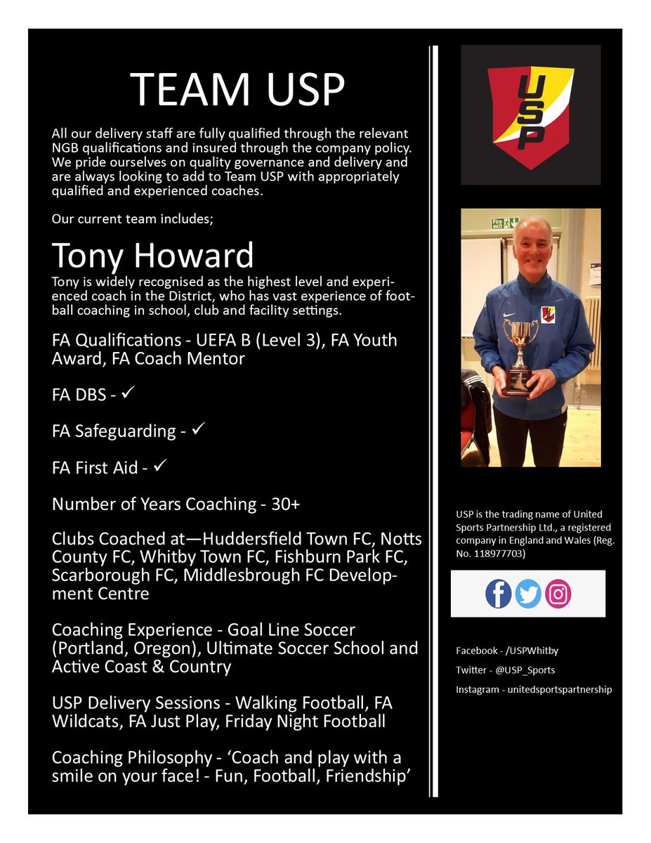 USP_Sports's tweet photo. We pride ourselves on quality delivery using only qualified, experienced and knowledgeable coaches. They don’t come more qualified or experienced than our Delivery Manager @TonyHow50513582 who is looking forward to working with #TeamUSP on all our sports / football initiatives ⚽️ https://t.co/u9GTLYbdGU