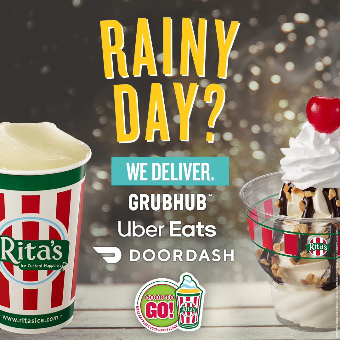ritasofrandolph's tweet photo. #rainyday #grubhub #ubereats #doordash #delivery #ritasgoodto go #ice #custard #happiness #treattime #iloveritas #takeout #waterice https://t.co/EmJoQh9rKc