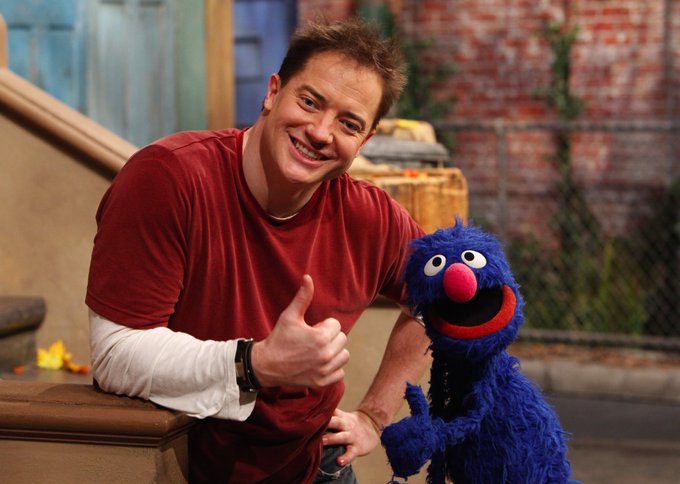 Brendan Fraser and Grover during the 40th season of Sesame Street