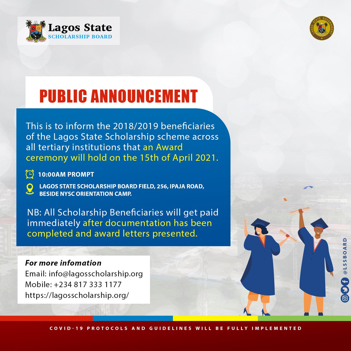 FLASH: Update on Lagos State Scholarship Award Ceremony and Award Letters presentation