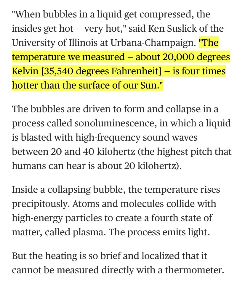 NickHintonn's tweet photo. This phenomenon is called sonoluminescence, or star in a jar. Sound can actually produce orbs of light underwater that get hotter than the surface of our sun. Makes you wonder why so many ancient texts compared space to water... 🤔 https://t.co/Qs2TxypuZk