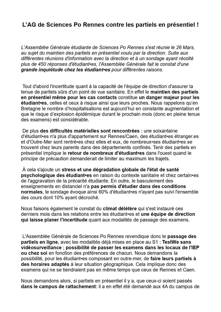 SESLRENNES's tweet photo. Contre les partiels en présentiels à Sciences Po Rennes, Solidaires étudiant•es soutient la mobilisation et les revendications de l'AG étudiante! https://t.co/ldyZZh0WqZ