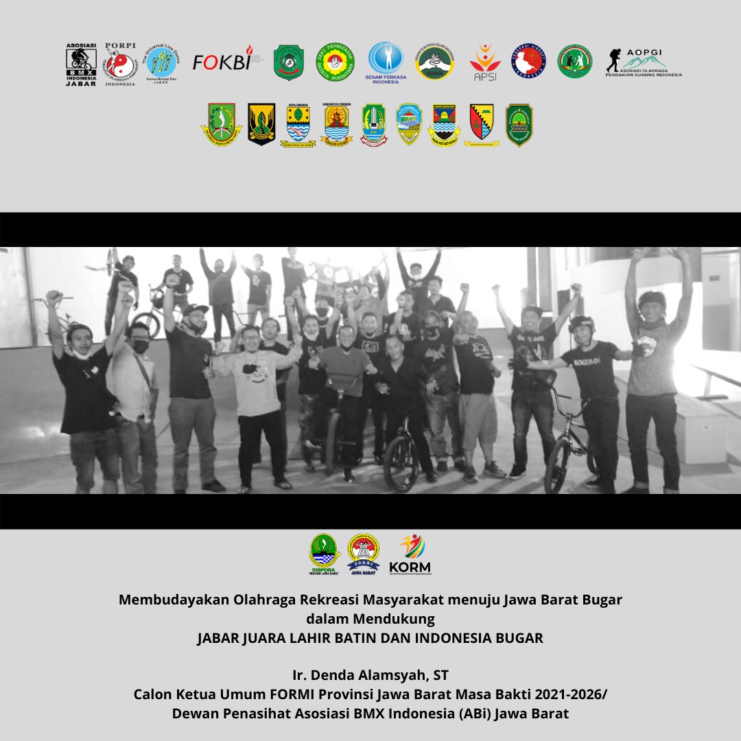 Muncul dari Mayoritas Induk/Cabor Olahraga Rekreasi Masyarakat dan FORMI Kabupaten-Kota, sebagai Representasi Milenial U/ #jabarjuaralahirbatin dan #IndonesiaBugar
Ir. Denda Alamsyah, ST <a href="/dendaalamsyah/">Denda Alamsyah</a> Calon Ketua Umum FORMI Provinsi Jawa Barat Masa Bakti 2021-2026 <a href="/ridwankamil/">Ridwan Kamil</a>