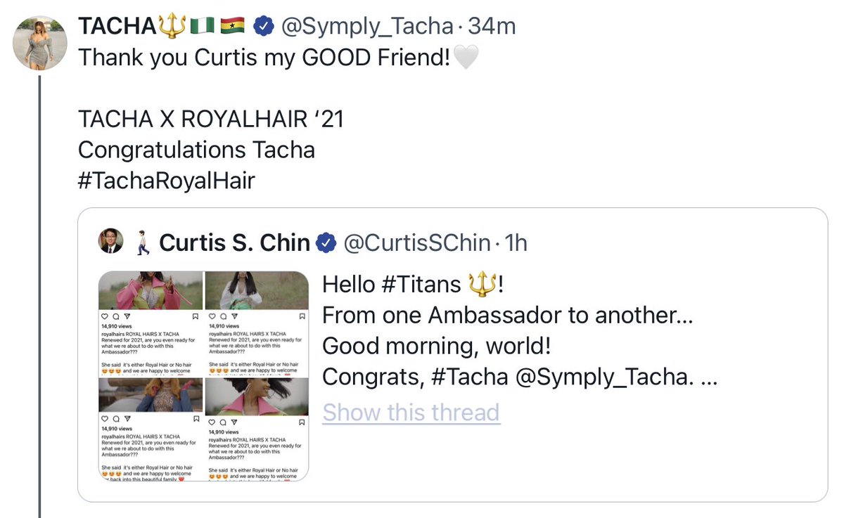 CurtisSChin's tweet photo. Update.
Hello #Titans ๐ฑ!
From one Ambassador to anotherโฆ
Hello, world!
And Congrats, @Symply_Tacha. #TachaRoyalHair.
#RepresentationMatters.
Thanks, #Titan #TitansforPH for the info ๐ #TachaForPH
= #Tacha for Port Harcourt. ๐ฑโ๐ #empowerment #entrepreneurship #ESG https://t.co/KmLhI2QuZj