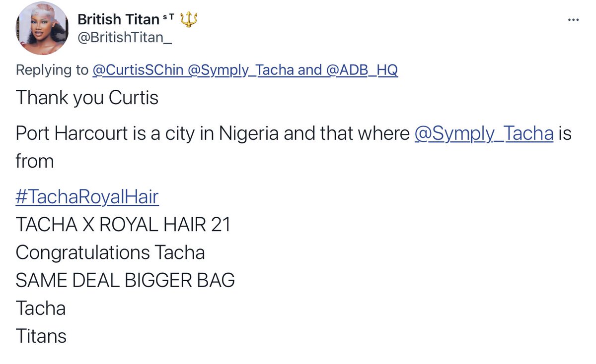 CurtisSChin's tweet photo. Update.
Hello #Titans ๐ฑ!
From one Ambassador to anotherโฆ
Hello, world!
And Congrats, @Symply_Tacha. #TachaRoyalHair.
#RepresentationMatters.
Thanks, #Titan #TitansforPH for the info ๐ #TachaForPH
= #Tacha for Port Harcourt. ๐ฑโ๐ #empowerment #entrepreneurship #ESG https://t.co/KmLhI2QuZj