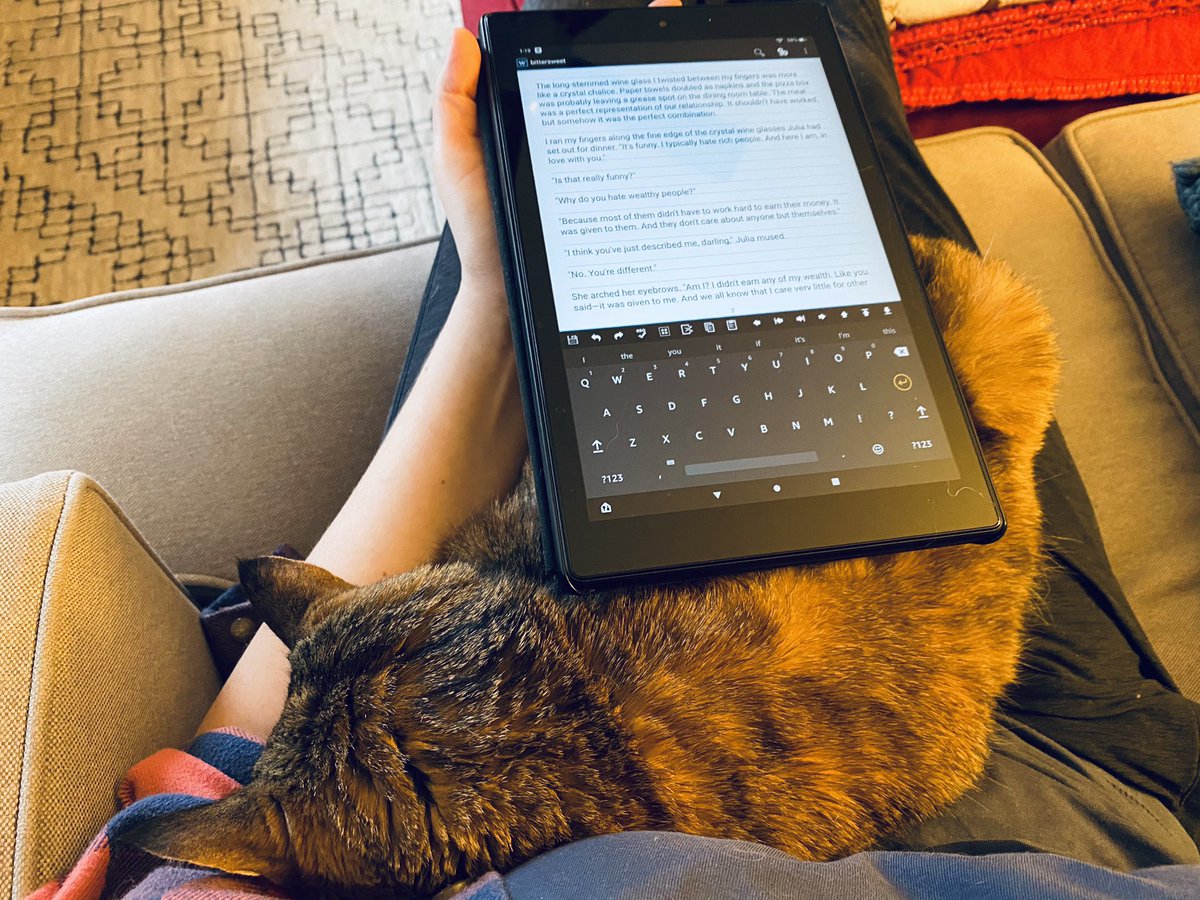 ElizaLentzski's tweet photo. There should be a prize, or at least an Olympic category, for writing without disturbing the cat face-planted on your lap #amwriting #lesfic #wlw #DCMH5 https://t.co/aXz4sSJL6w