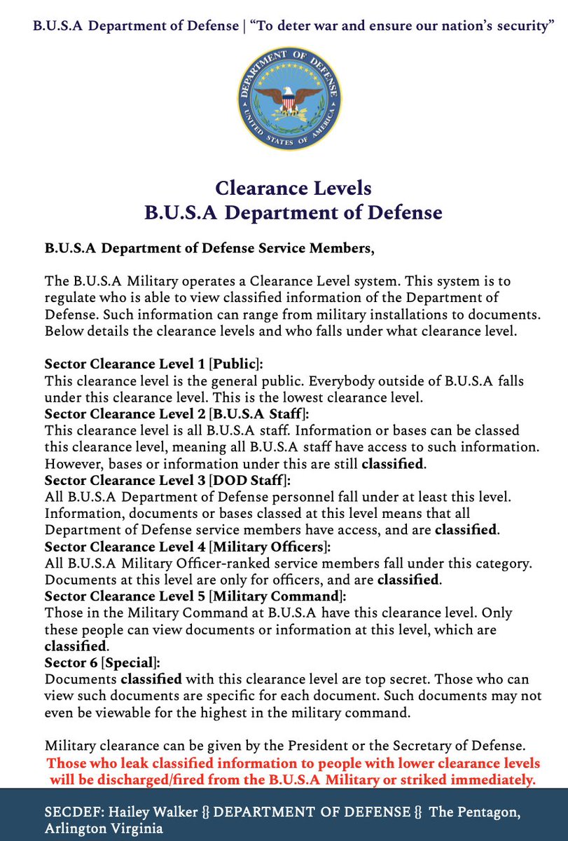 The Department of Defense has released the updated Sector Clearance Levels. 📋

Department of Defense HQ positions are opening soon! Join our discord today. ⚔️💬