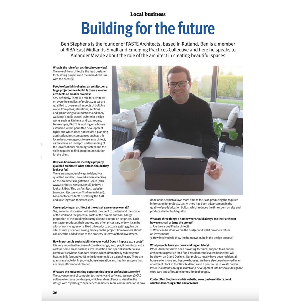PASTE Architects (@pastearchitects) on Twitter photo Our Director <a href="/BenStephensArch/">Ben Stephens</a> is in @locallivinguk April 2021 about the role of the Architect and Building for the future. Our Director <a href="/BenStephensArch/">Ben Stephens</a> is in @locallivinguk April 2021 about the role of the Architect and Building for the future.