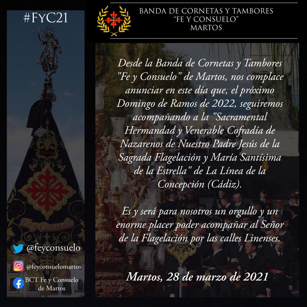 FeyConsuelo's tweet photo. 📣COMUNICADO OFICIAL-DOMINGO DE RAMOS 2022🎵

🎼Seguiremos siendo el son Señor de la Flagelación de La Línea de la Concepción (Cádiz).

#SSFyC21 #XXXAniversarioFyC https://t.co/DiwvuKasui