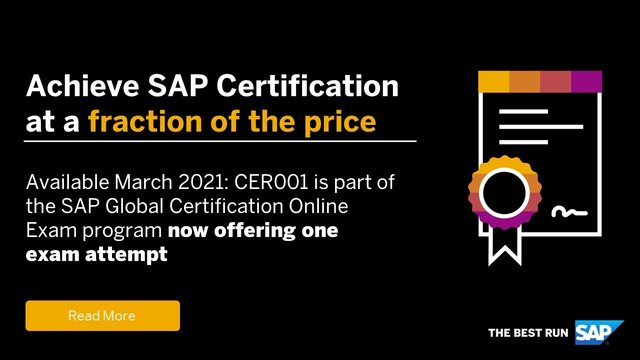 dclemens's tweet photo. Now available #sapcertification single exam attempt lowers the price point to achieve a certification. CER001 gives you another option when exploring job opportunities for a certified SAP consultant https://t.co/VDzG9HsPlW https://t.co/FDZpTI0NtF