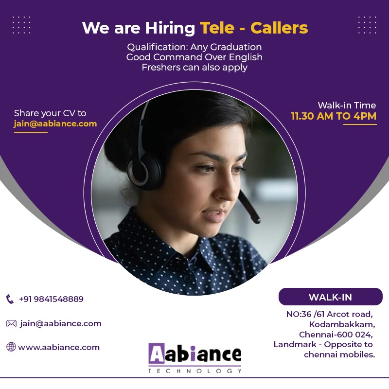 Aabiance's tweet photo. We are hiring!
We are looking for a young and dynamic profile to handle the enquiries. 
Good Command Over English
General working hours
Attractive Incentive 
Send cv to jain@aabiance.com Call 9841548889
#jobalert #telecallers #training https://t.co/xOAFvdfaQe