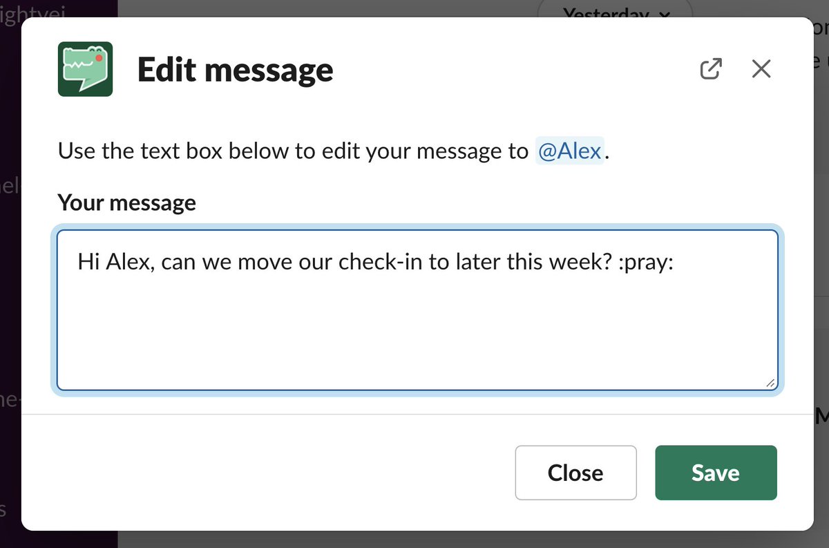 slashgator's tweet photo. It works just like you would expect: click "✏️ Edit this message" on one of your pending Gator messages and you'll see a window like this.

Click "Save" and that's it! Your message will be delivered with your updated prose 💥 https://t.co/vA6eoAPc6b