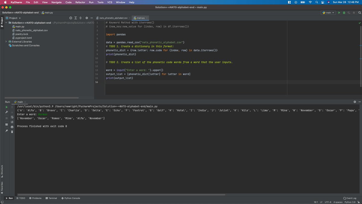 #100DaysOfCode | R3D98 | Time: 1hr 2min.

<a href="/udemy/">Udemy</a> course - The Complete #Python Pro Bootcamp in 2021.

✅ Section 26 - List Comprehension and the NATO Alphabet
