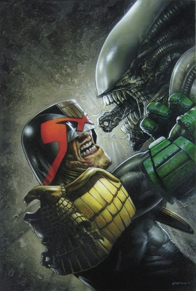 Not a bad combination of characters on a rainy Sunday #judgedredd vs #aliens #comics